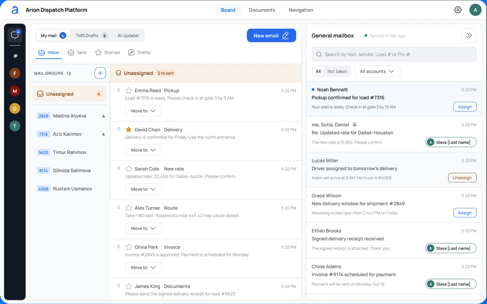 Dispatch Platform email workspace: mail groups, an inbox list and a shared mailbox panel