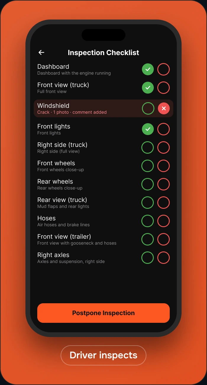 Inspection app screens: the driver's checklist, a photo of a cracked windshield, and the owner's fleet view